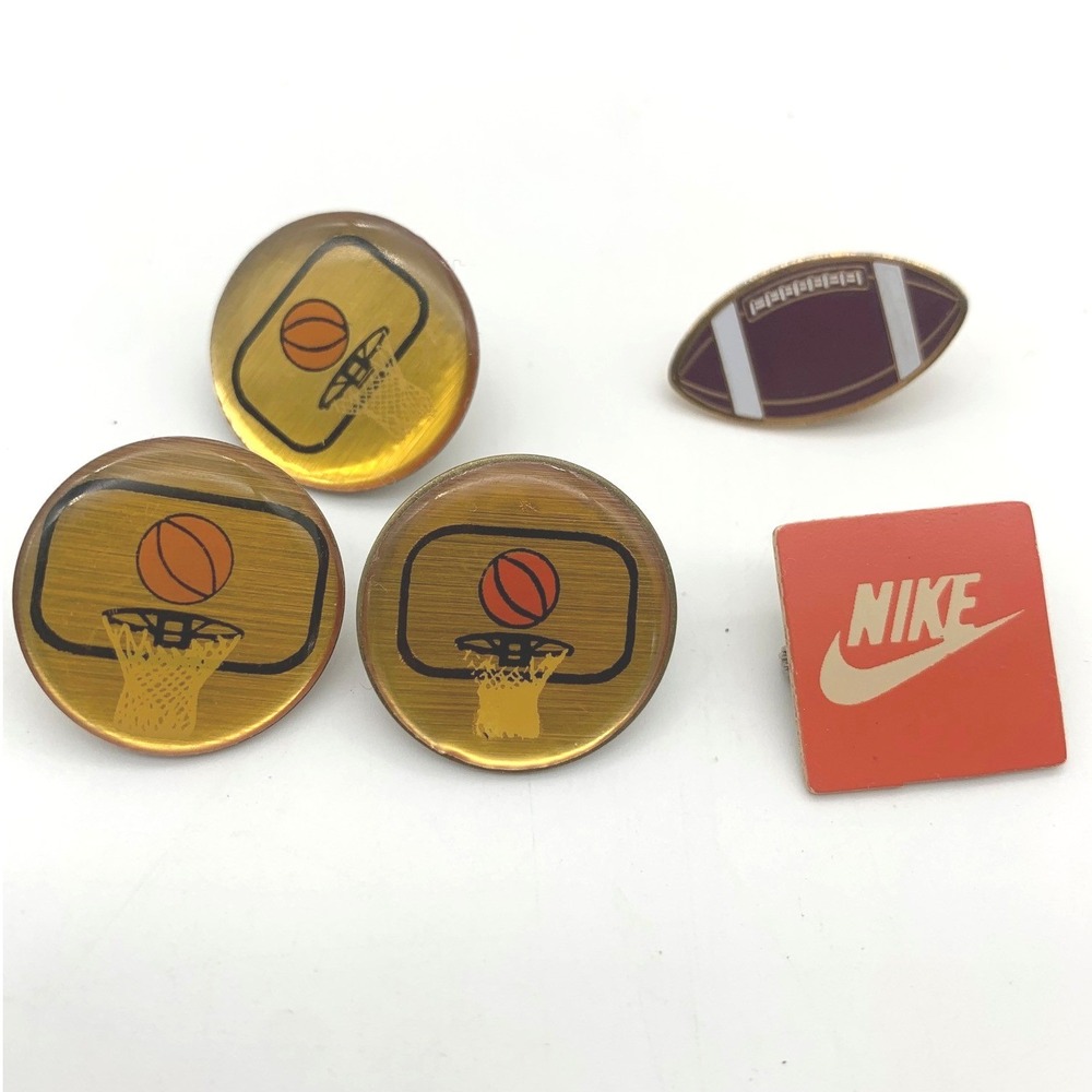 Lot of 5 Vintage Sports Enamel Lapel Pins — Nike, Basketball & Football